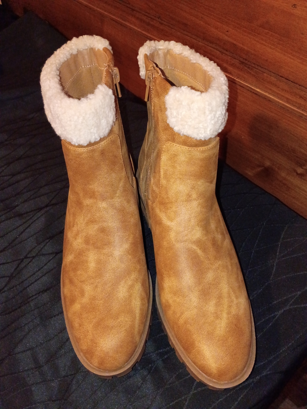 Wonderly Tan Suede-Look Ankle Boots with Sherpa Cuff